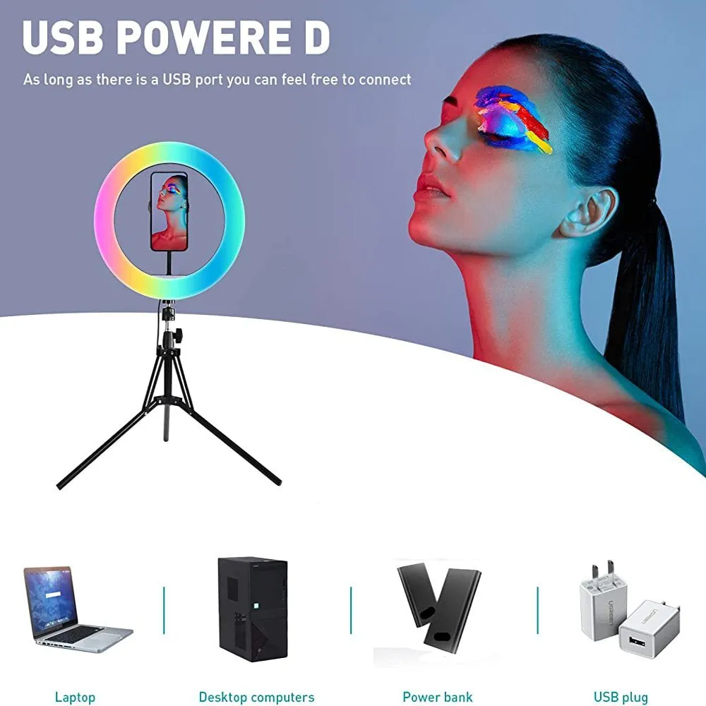 13" LED RGB Selfie Ring Light W/ Mini & Extendable Tripod Stand & Phone Holder w/ 10 Brightness Level