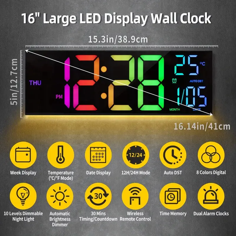 16.2" Large Display Digital Coloring Changing Wall Clock with Built-in Night Light
