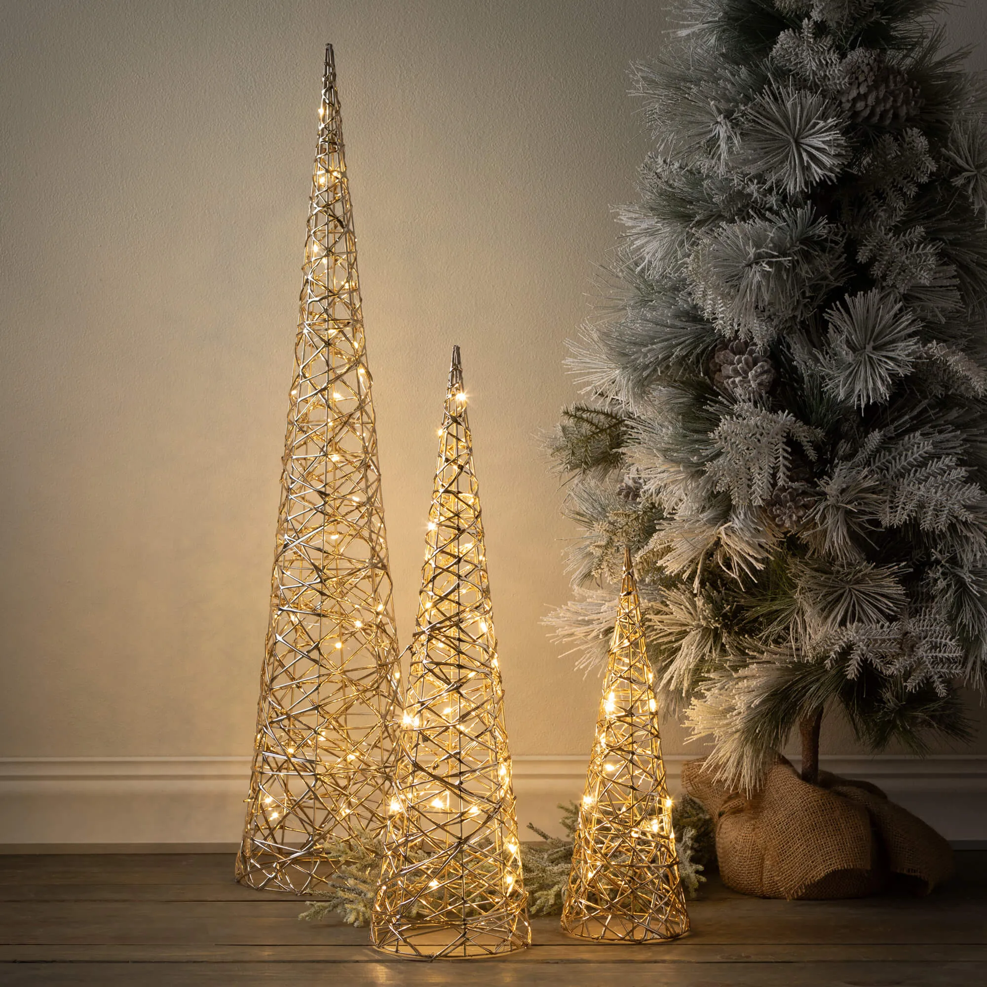 35.5"H, 23.5"H and 15.75"H Sullivans Gold Outdoor Lighted Cones - Set of 3