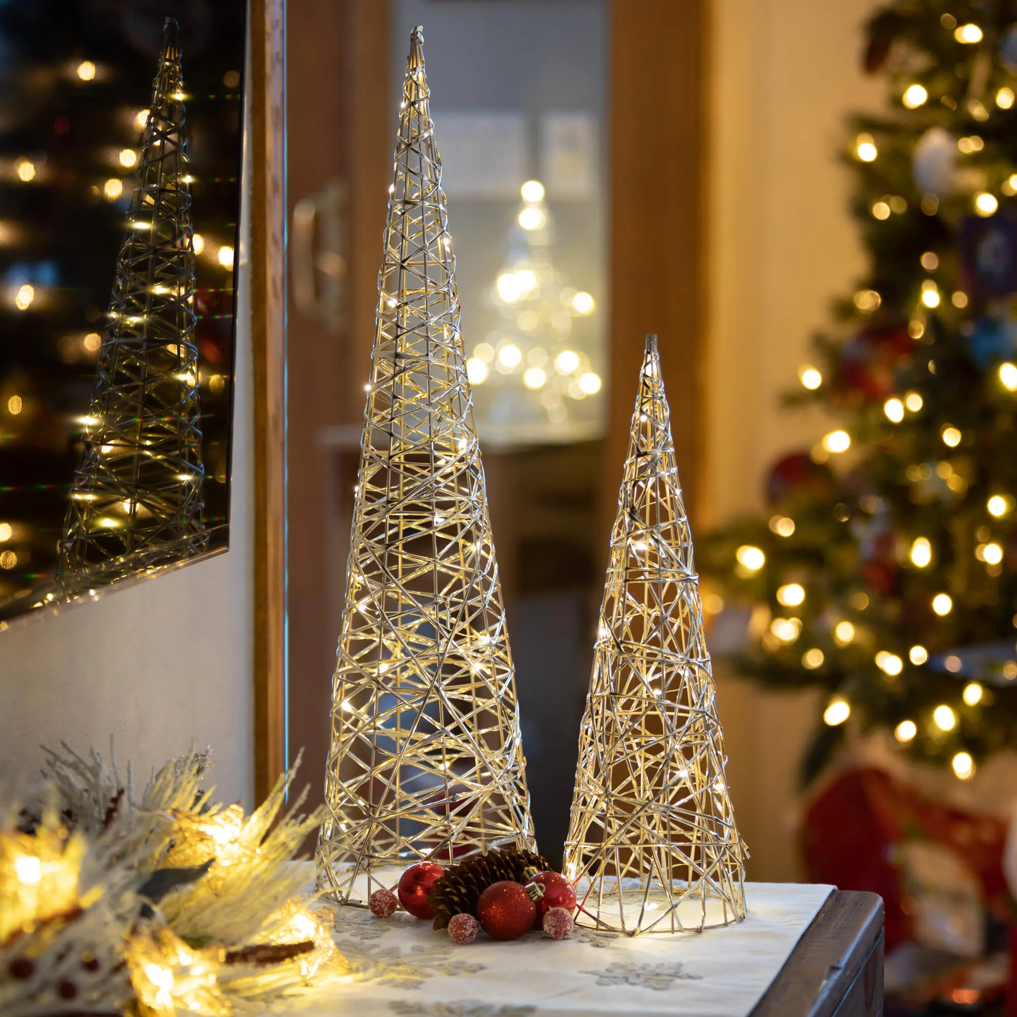 35.5"H, 23.5"H and 15.75"H Sullivans Gold Outdoor Lighted Cones - Set of 3