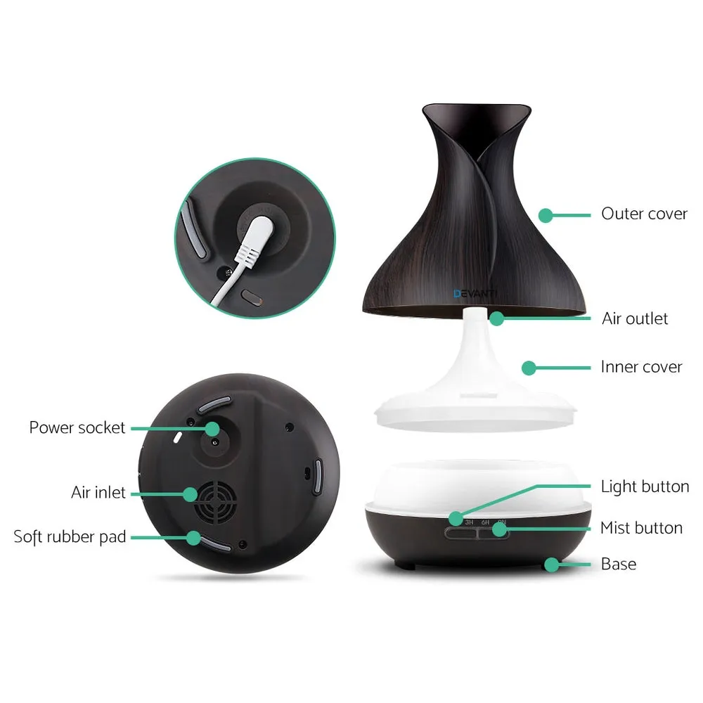 4-in-1 Aroma Diffuser 400ml, LED, Timer, Dark Wood - Devanti