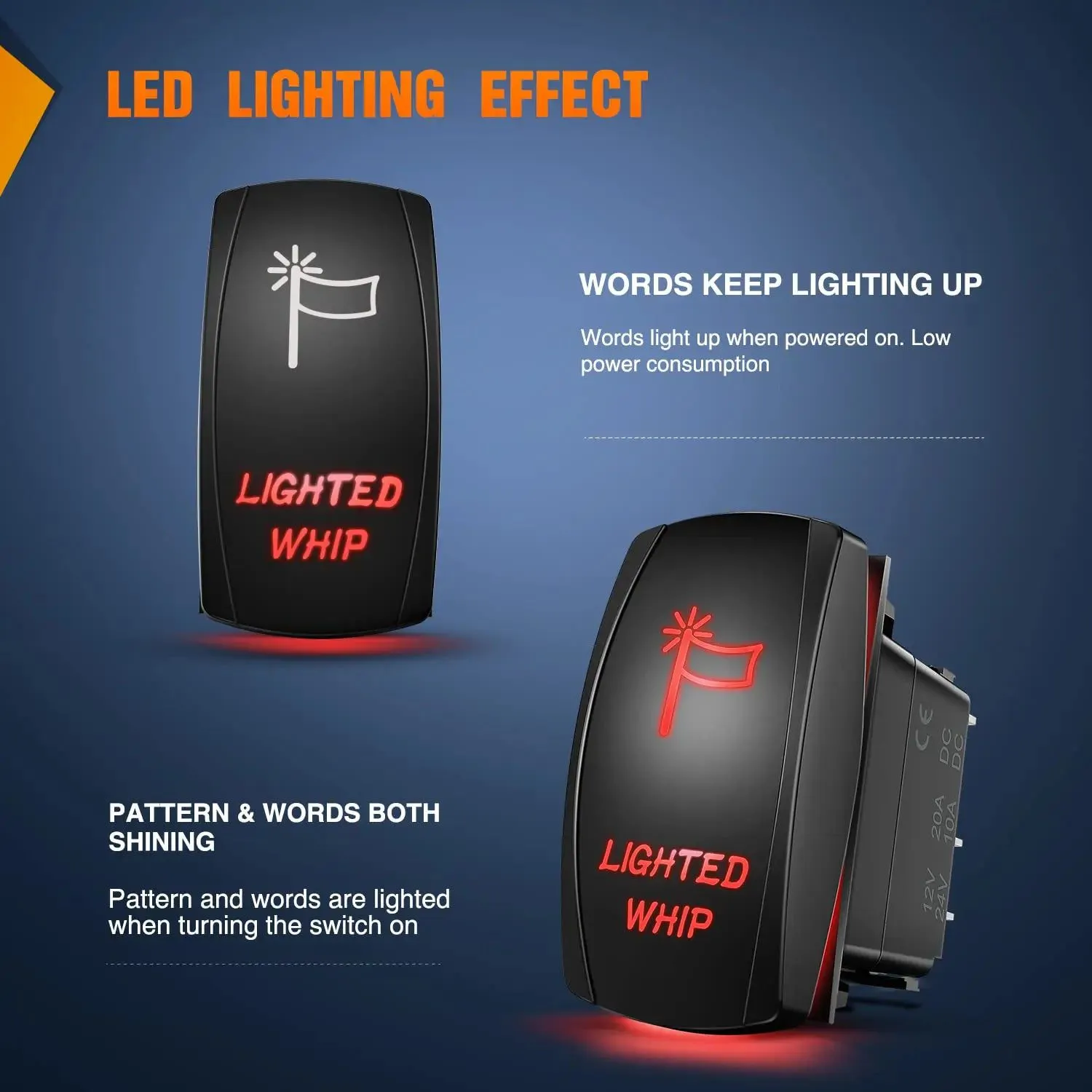 5Pin Laser On/Off Lighted Whip Rocker Switch Red
