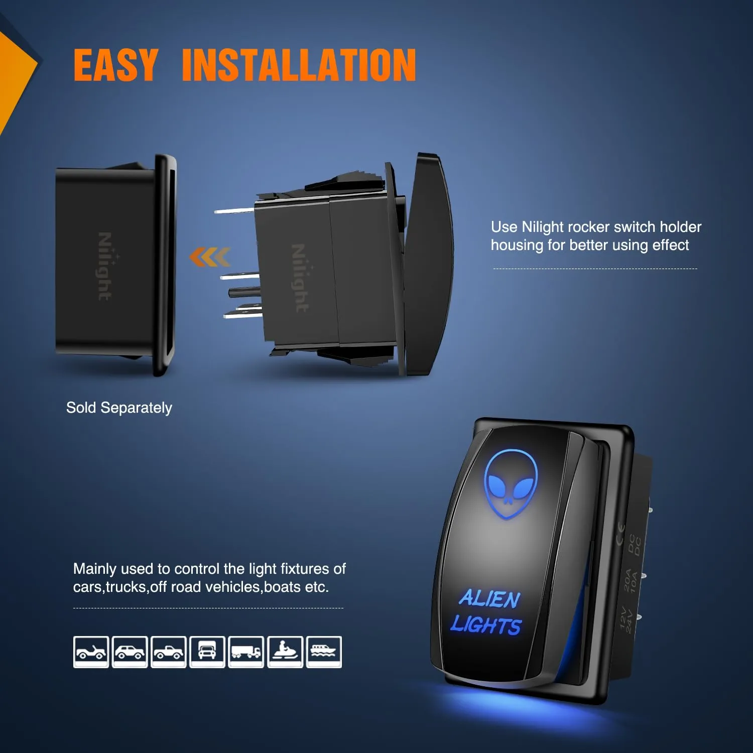5Pin Laser On/Off SPST Alien Lights Rocker Switch Blue