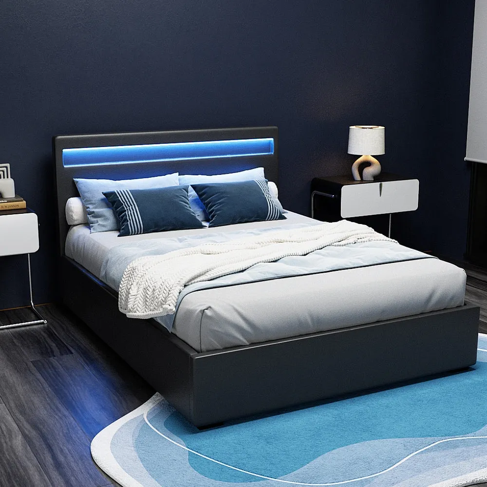 Artiss Cole LED Bed Frame PU Leather Gas Lift Storage - Black Double