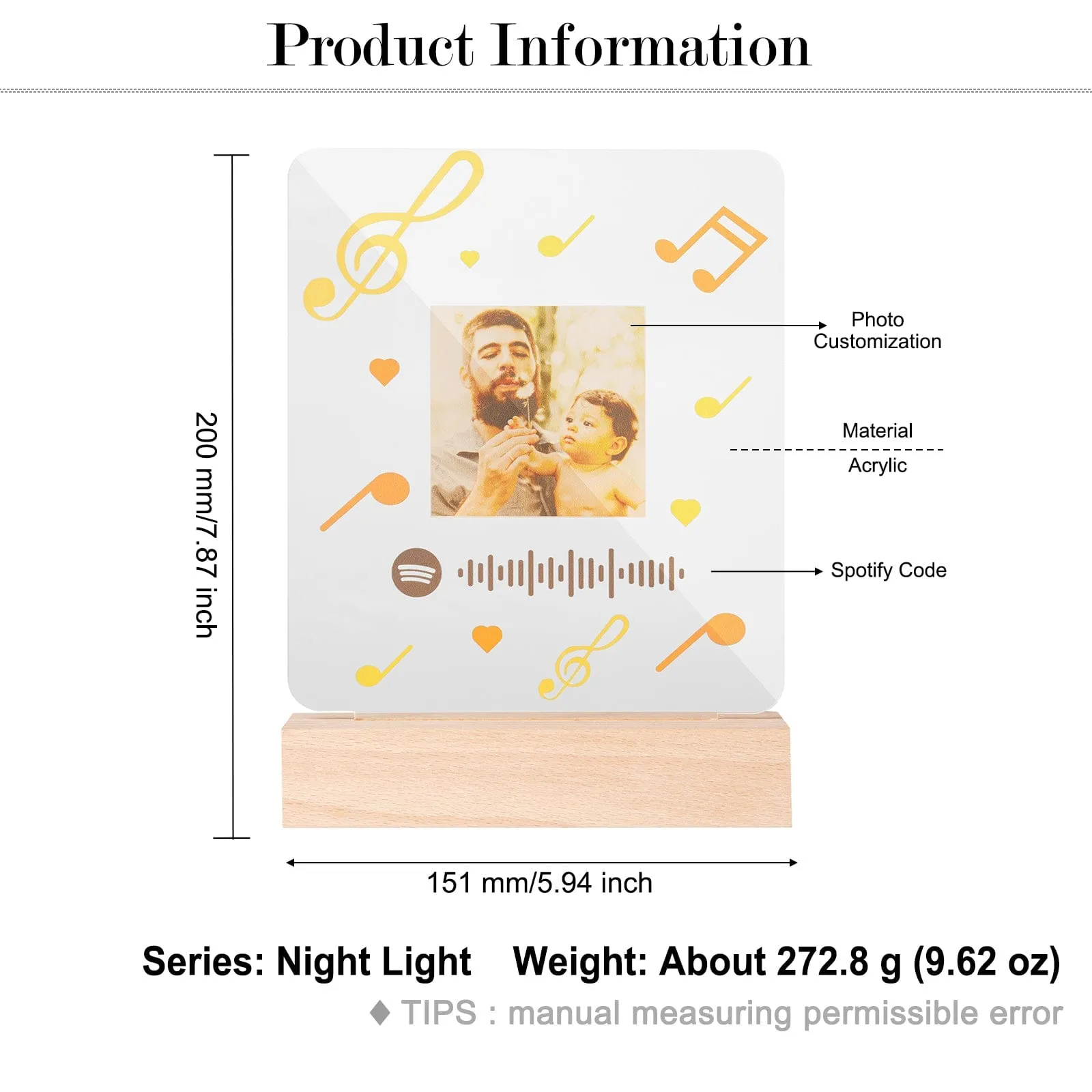 Create your personalized Photo Night Light with music symbols. Sophisticated and unique.