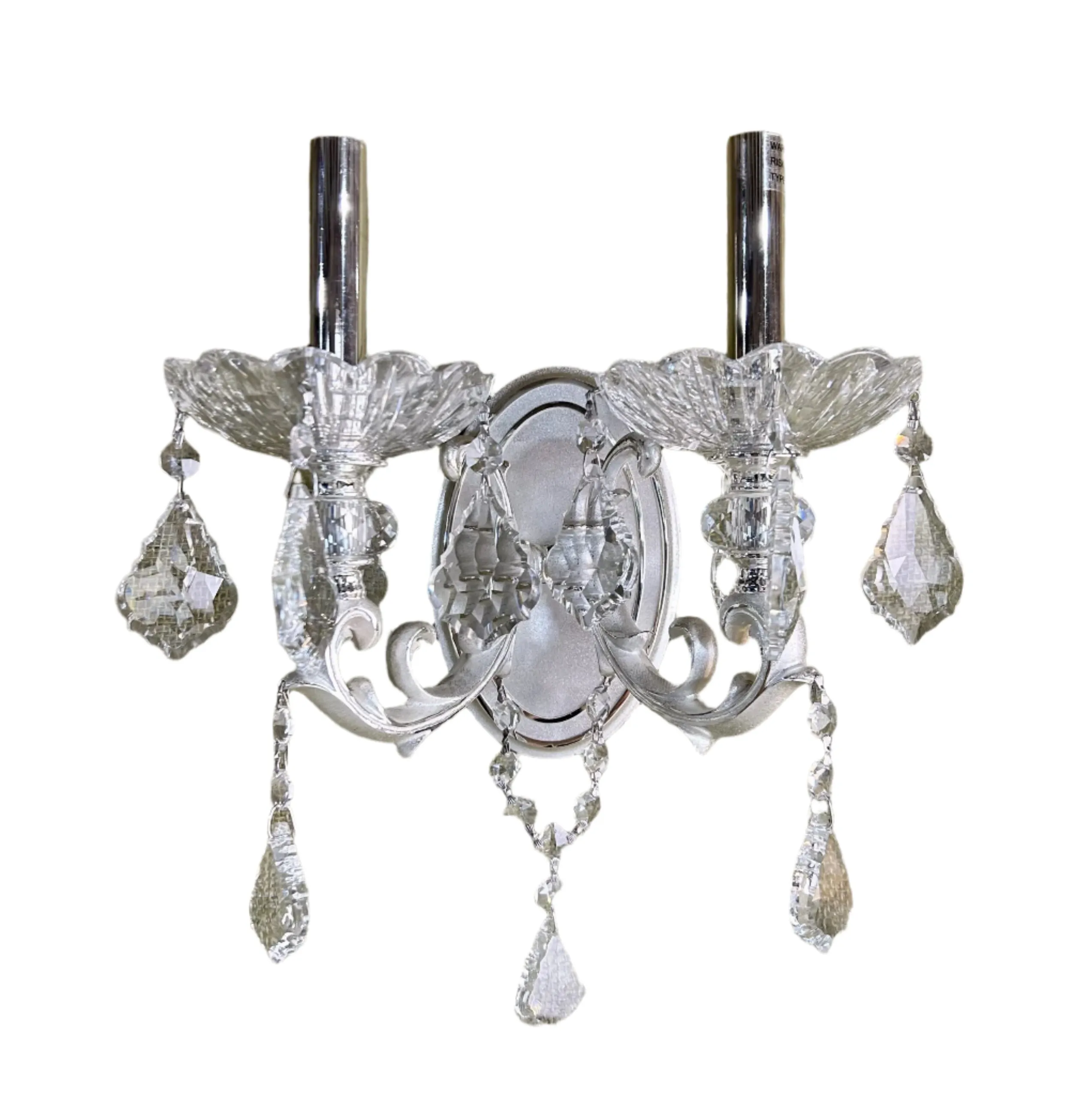Crystal Wall Sconce Light, Two Candle Stick, Silver, Oval Back Plate, Traditional