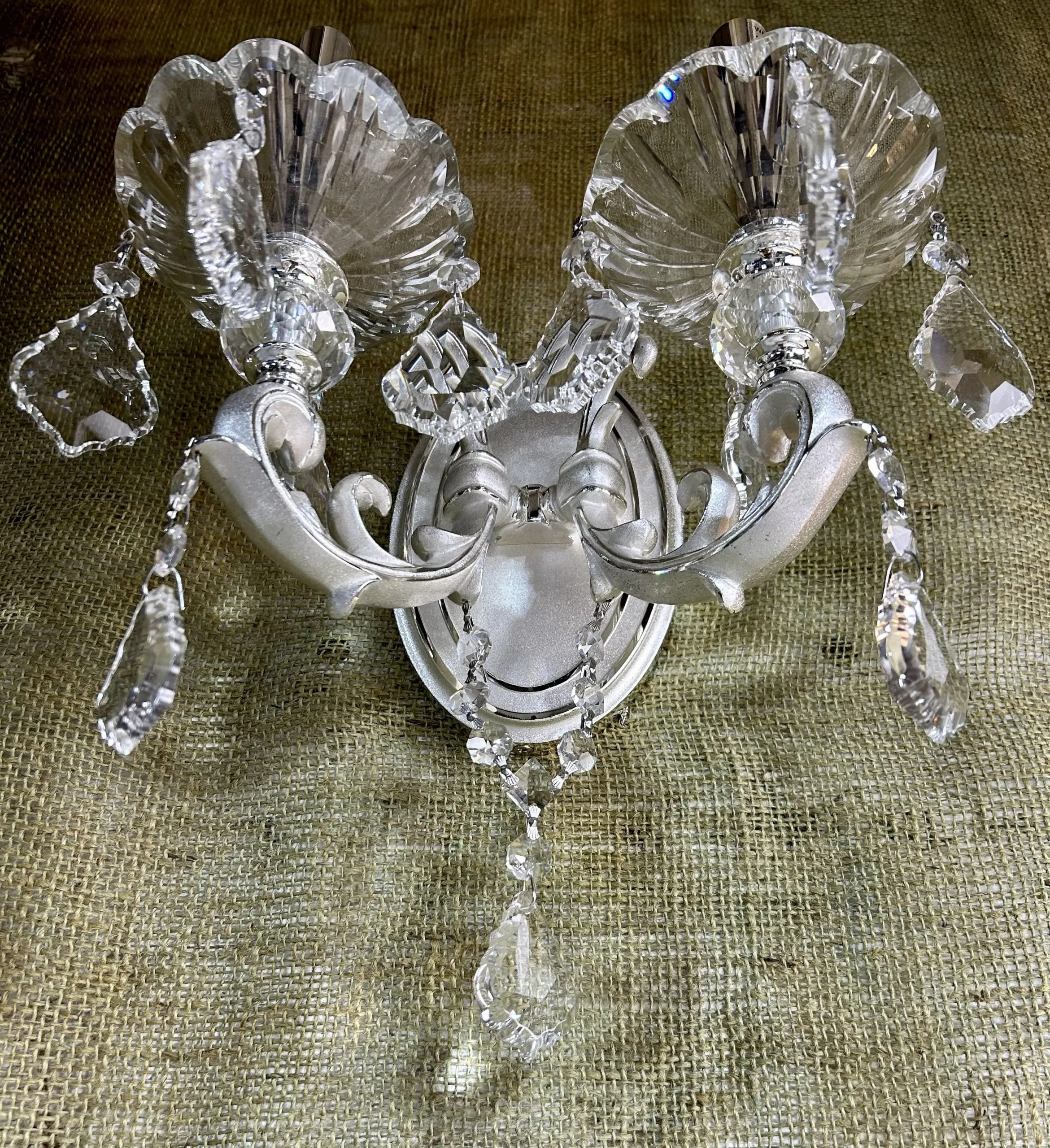 Crystal Wall Sconce Light, Two Candle Stick, Silver, Oval Back Plate, Traditional