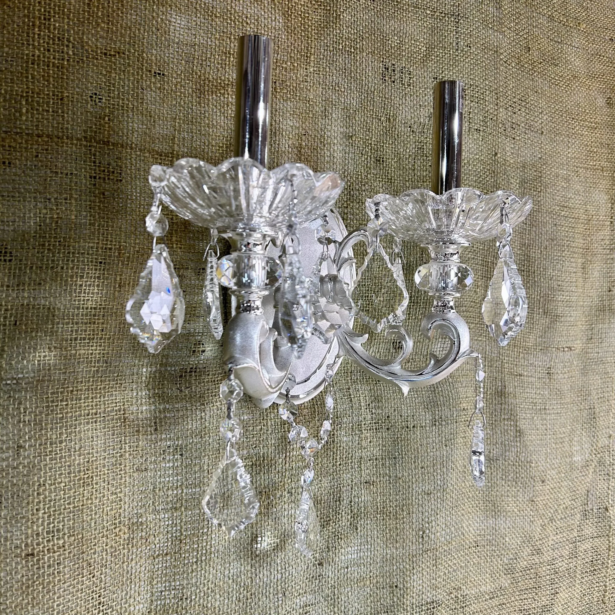 Crystal Wall Sconce Light, Two Candle Stick, Silver, Oval Back Plate, Traditional
