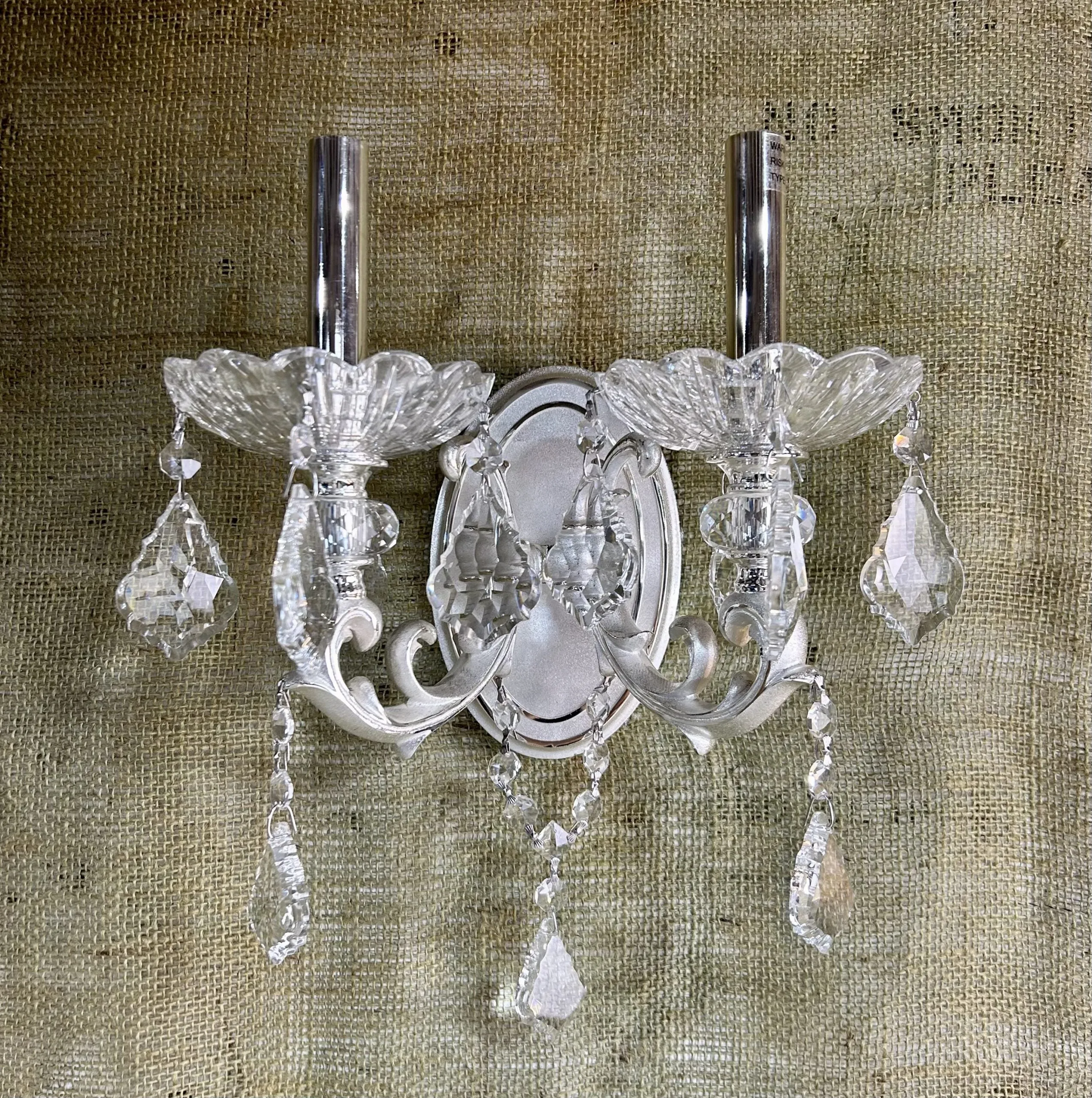 Crystal Wall Sconce Light, Two Candle Stick, Silver, Oval Back Plate, Traditional