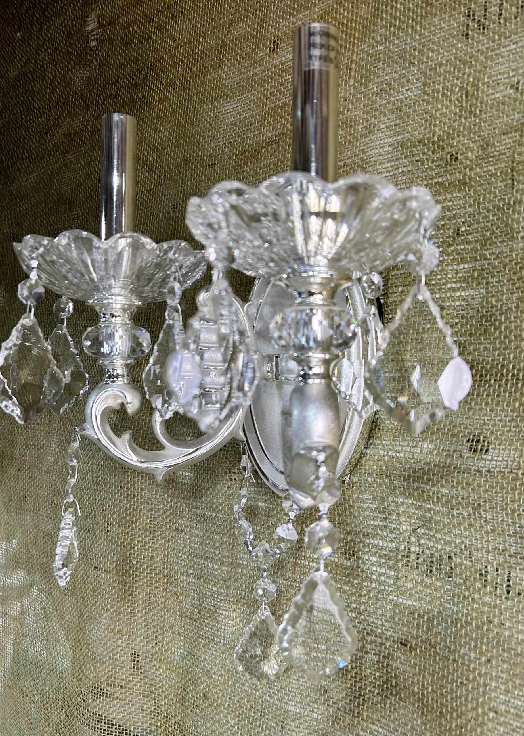 Crystal Wall Sconce Light, Two Candle Stick, Silver, Oval Back Plate, Traditional