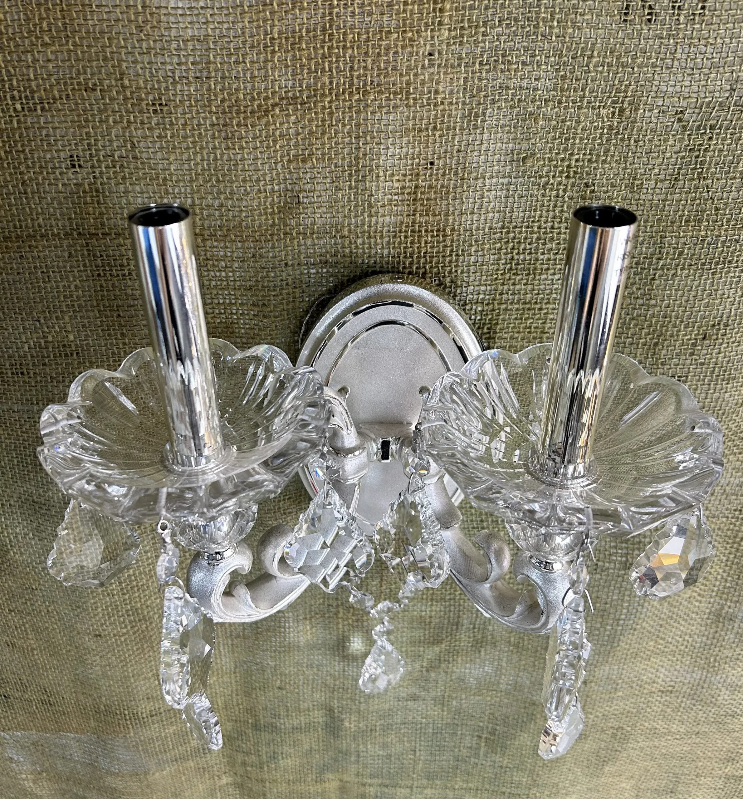 Crystal Wall Sconce Light, Two Candle Stick, Silver, Oval Back Plate, Traditional