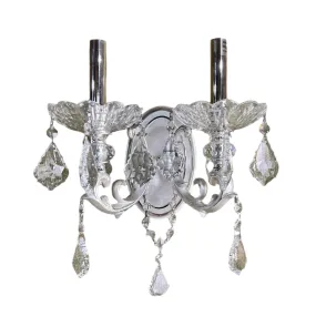 Crystal Wall Sconce Light, Two Candle Stick, Silver, Oval Back Plate, Traditional