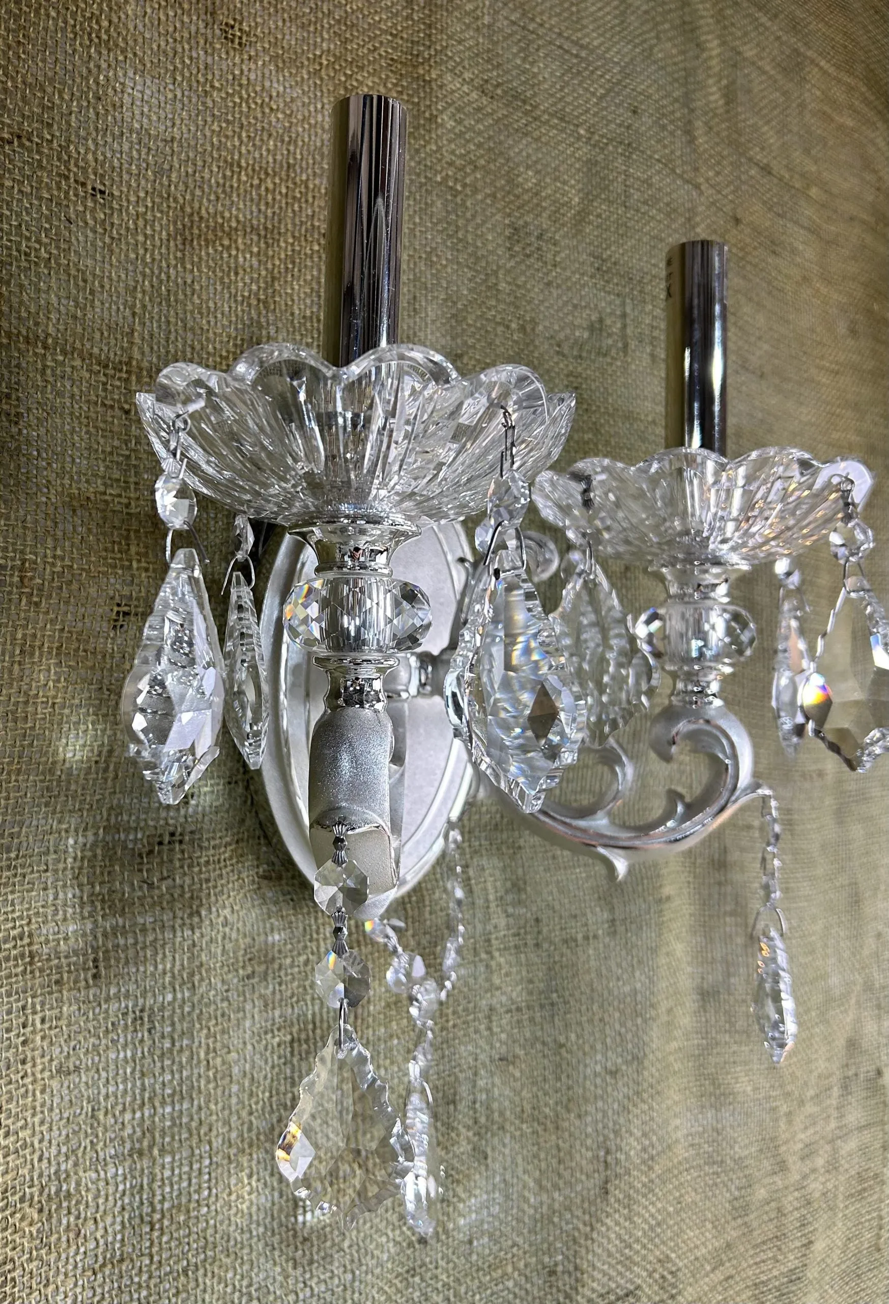 Crystal Wall Sconce Light, Two Candle Stick, Silver, Oval Back Plate, Traditional