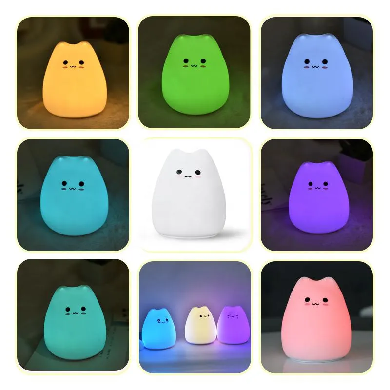 Cute Cat LED Night Light for Babies & Kids Multi-Color Silicone Bedside Lamp with Rechargeable 1200 mAh Li Battery