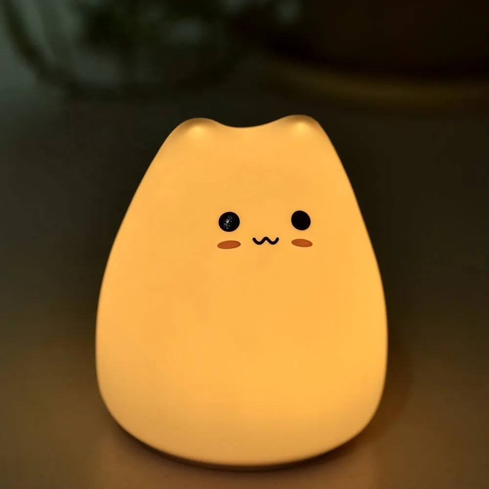Cute Cat LED Night Light for Babies & Kids Multi-Color Silicone Bedside Lamp with Rechargeable 1200 mAh Li Battery