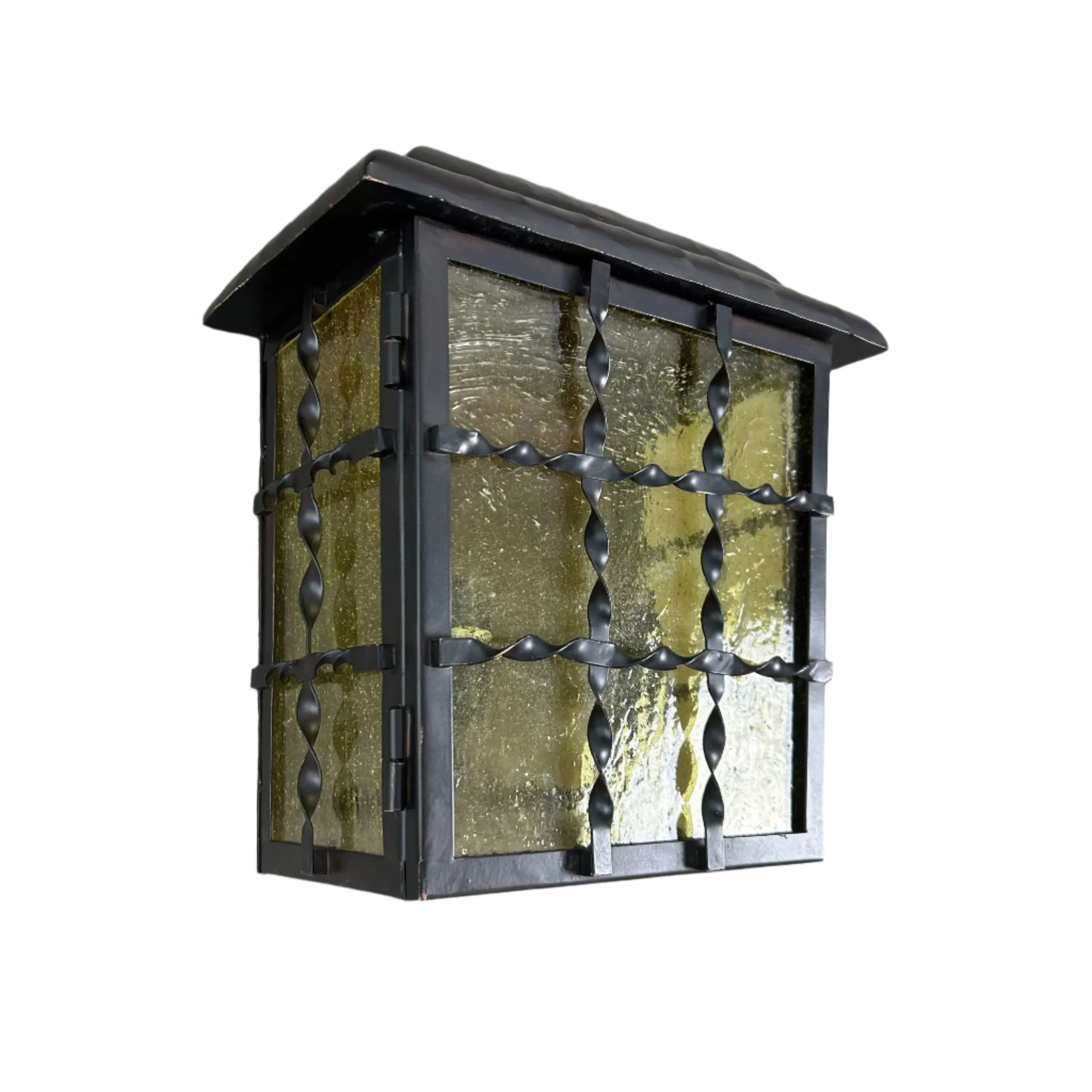 Exterior Wall Light, Bronze Metal, Double Light, Poured Green Glass