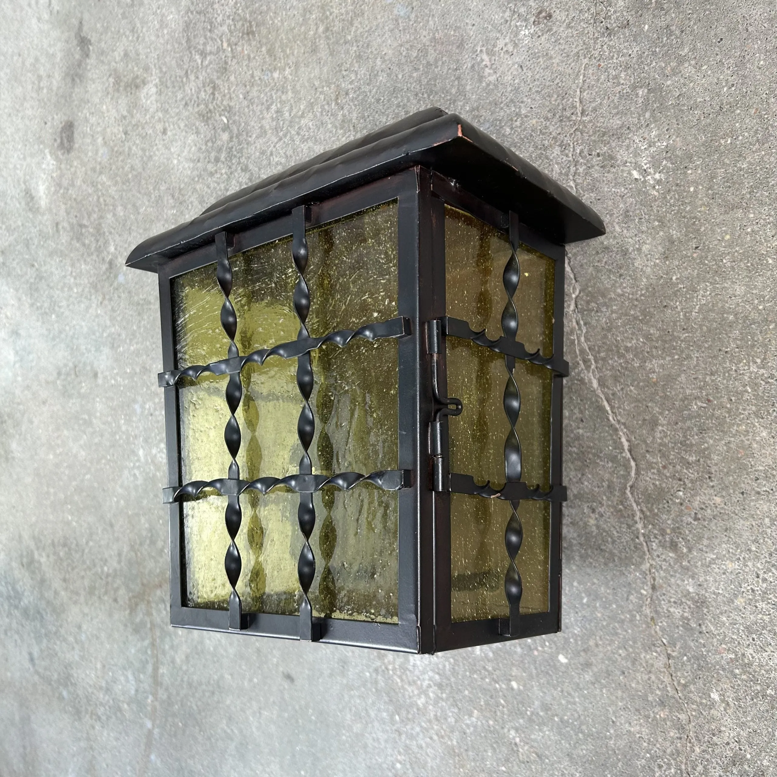 Exterior Wall Light, Bronze Metal, Double Light, Poured Green Glass
