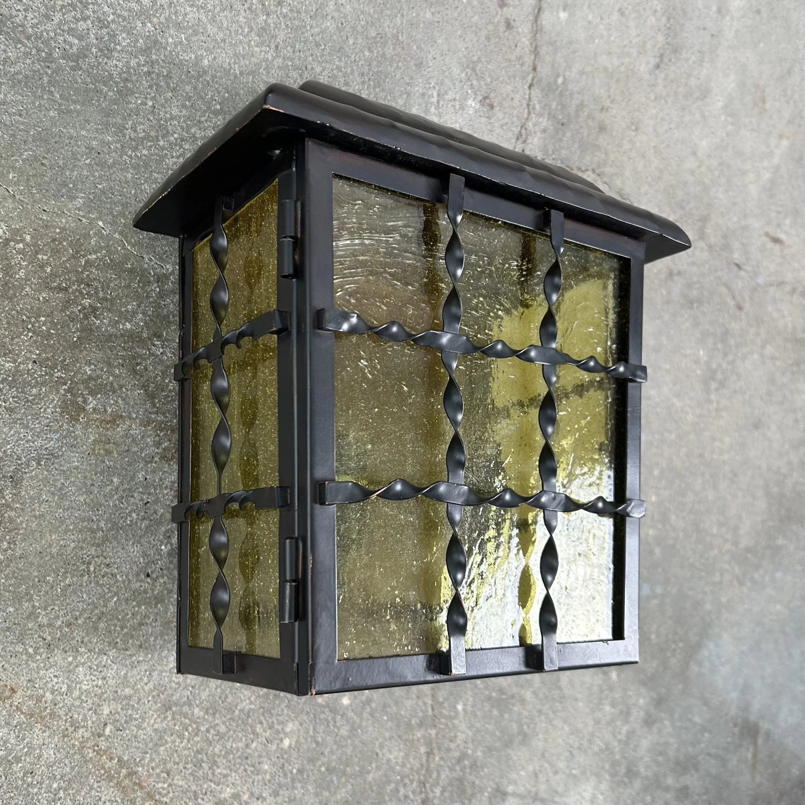 Exterior Wall Light, Bronze Metal, Double Light, Poured Green Glass