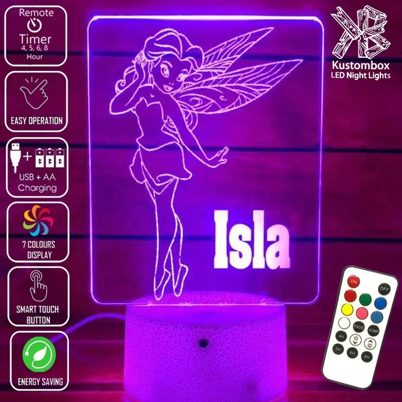 Fairy Princess Personalised Name 3D LED Night Light Childrens Lamp