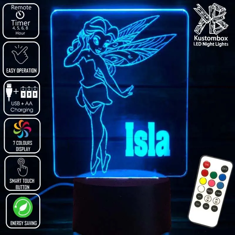 Fairy Princess Personalised Name 3D LED Night Light Childrens Lamp