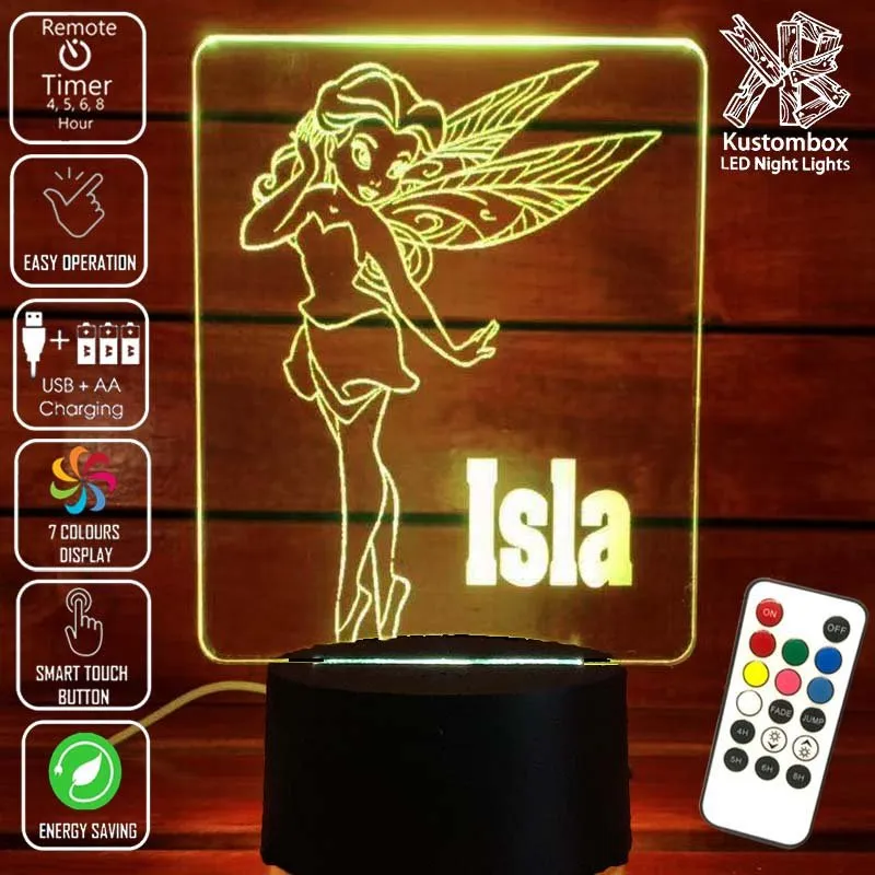 Fairy Princess Personalised Name 3D LED Night Light Childrens Lamp