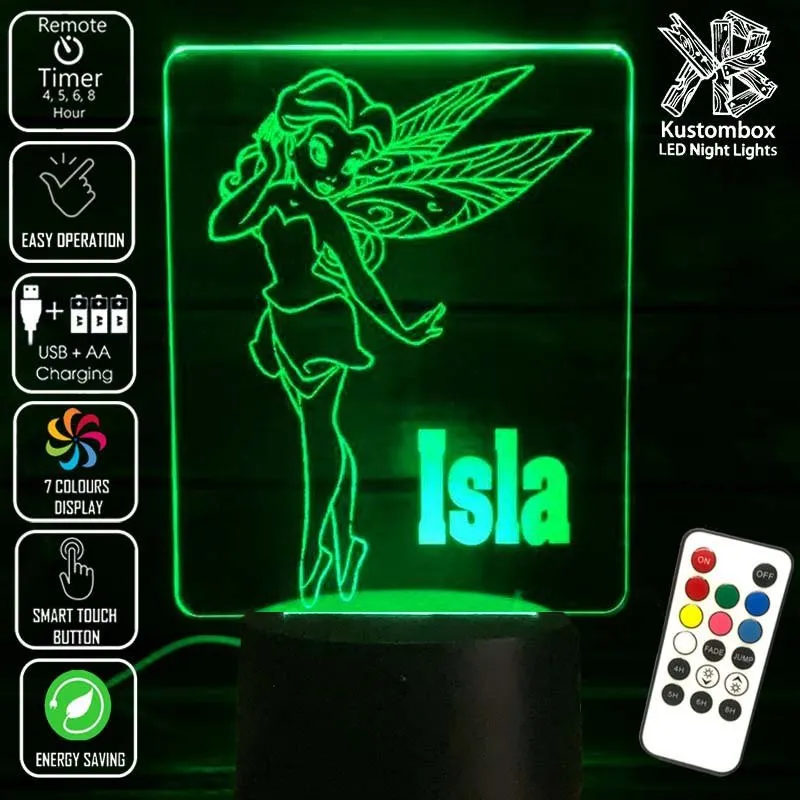 Fairy Princess Personalised Name 3D LED Night Light Childrens Lamp