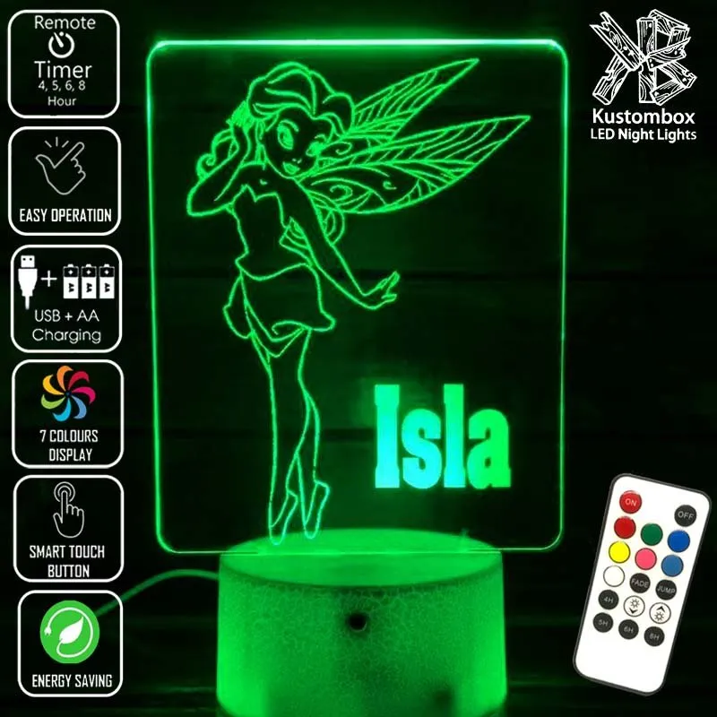 Fairy Princess Personalised Name 3D LED Night Light Childrens Lamp