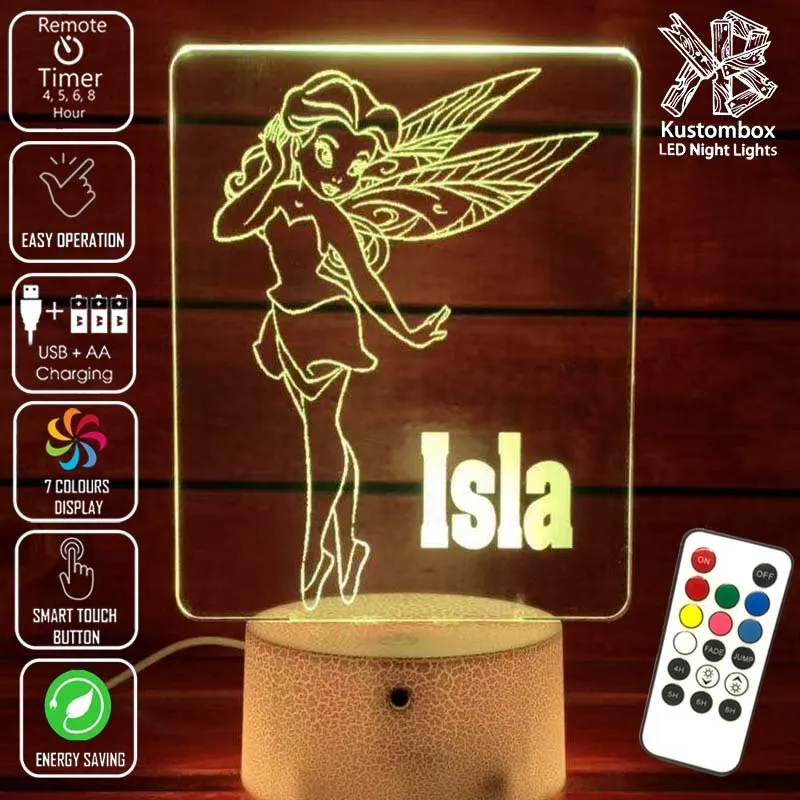 Fairy Princess Personalised Name 3D LED Night Light Childrens Lamp