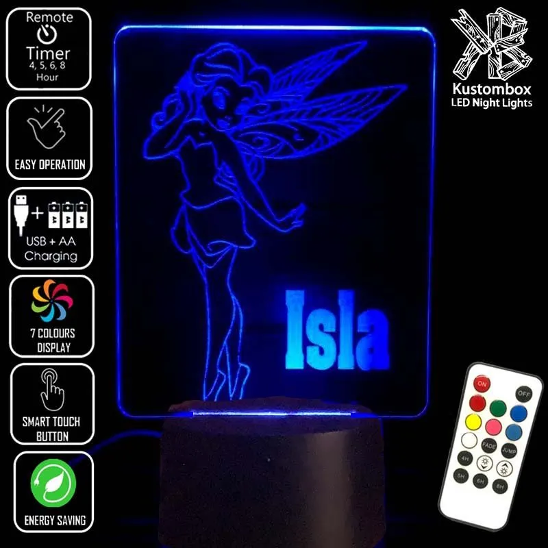 Fairy Princess Personalised Name 3D LED Night Light Childrens Lamp