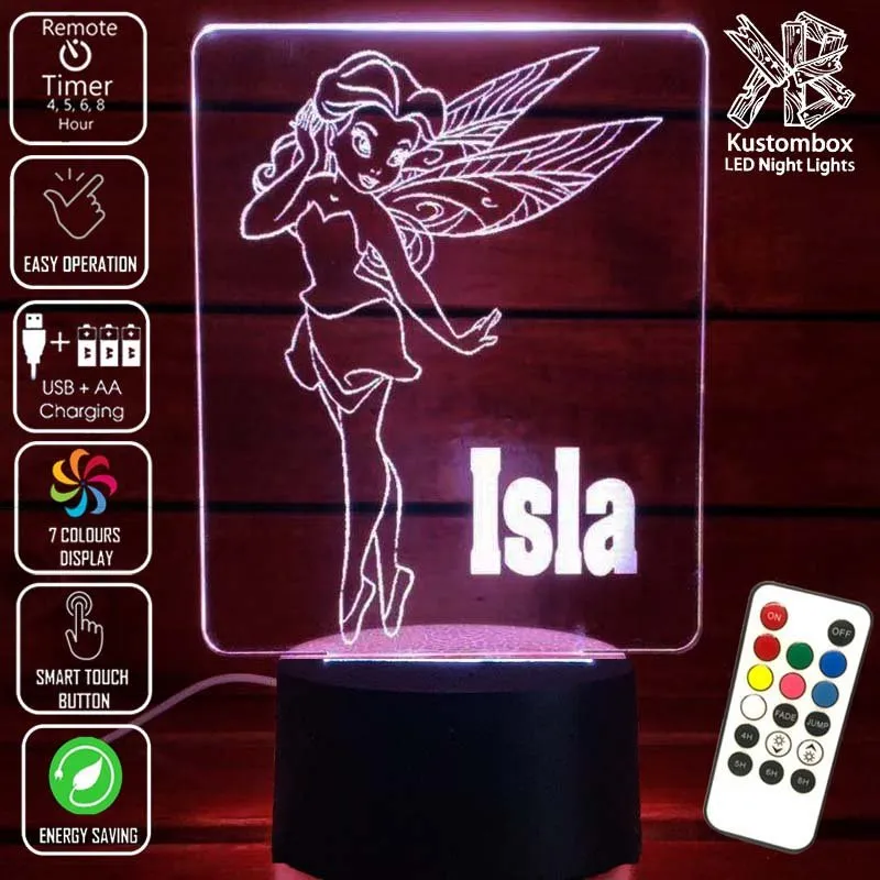Fairy Princess Personalised Name 3D LED Night Light Childrens Lamp