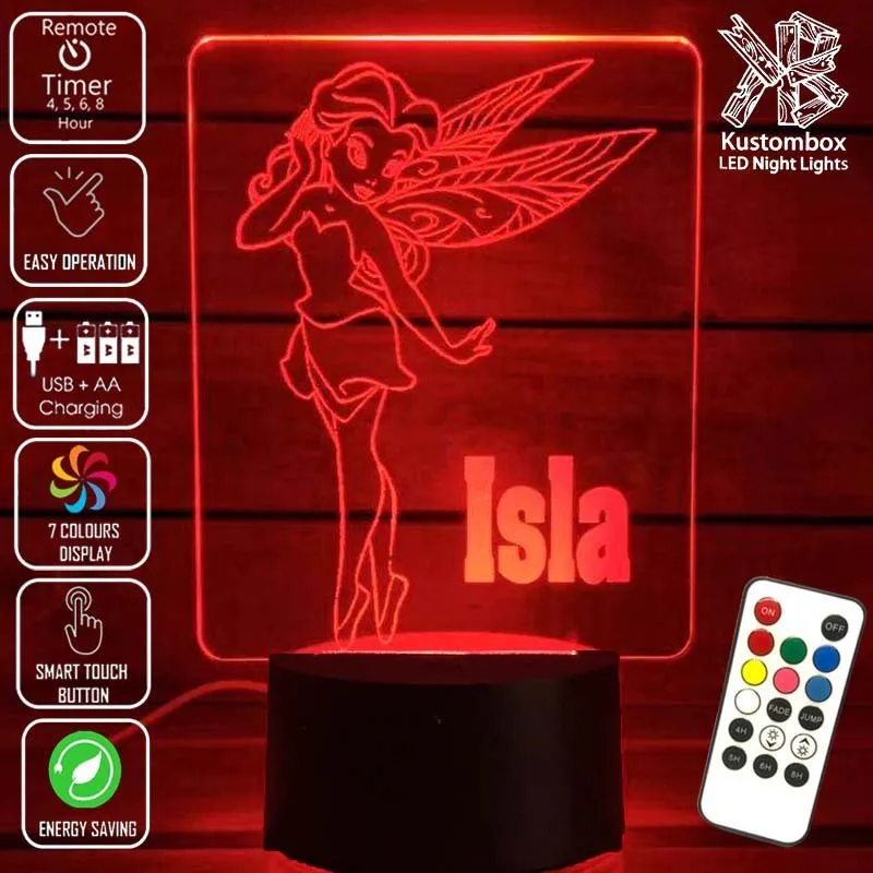 Fairy Princess Personalised Name 3D LED Night Light Childrens Lamp