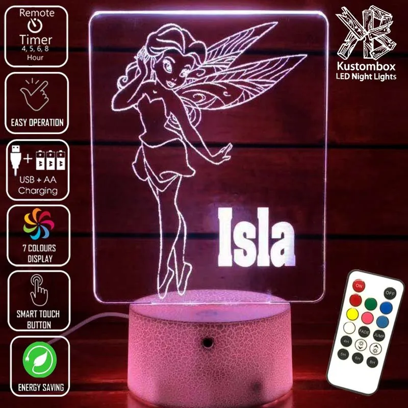 Fairy Princess Personalised Name 3D LED Night Light Childrens Lamp