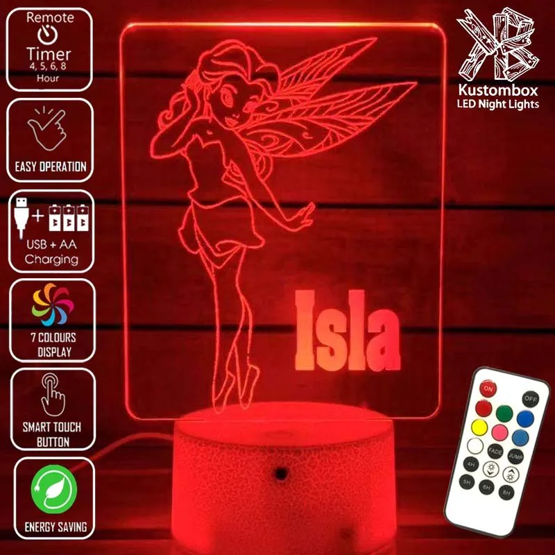 Fairy Princess Personalised Name 3D LED Night Light Childrens Lamp
