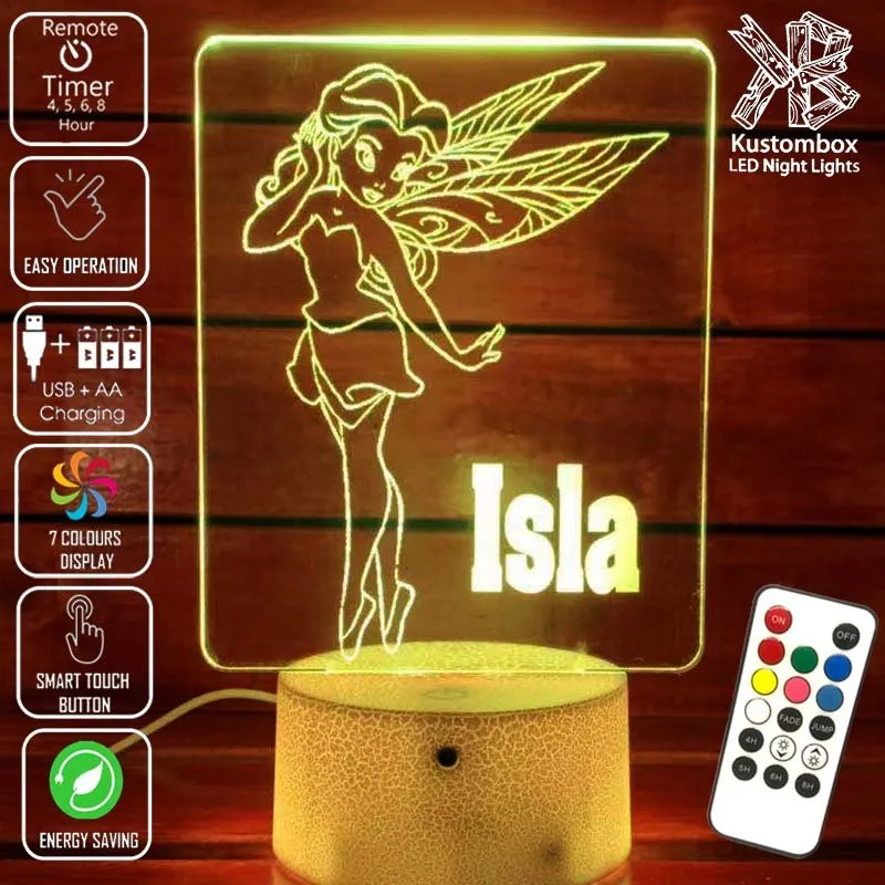 Fairy Princess Personalised Name 3D LED Night Light Childrens Lamp