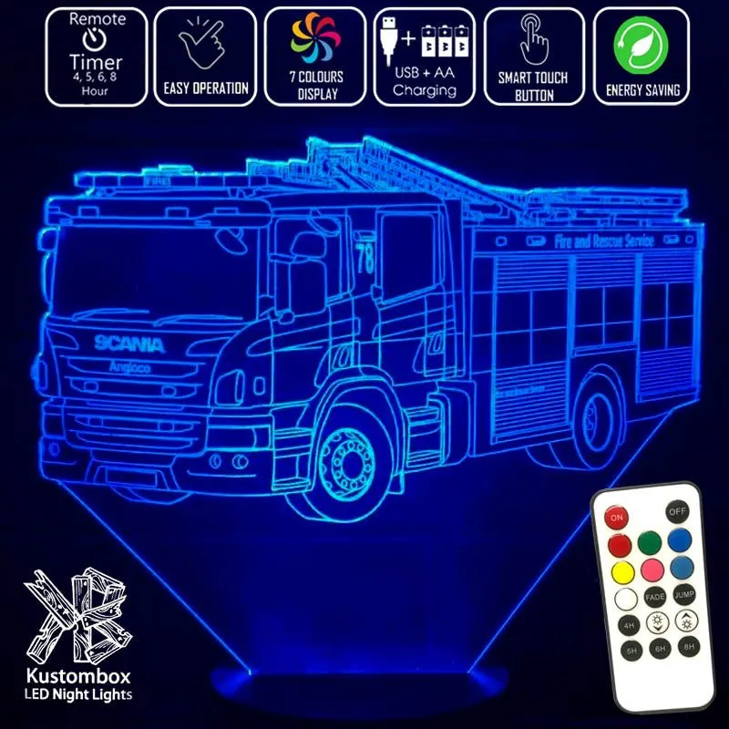 Fire Engine Rescue Truck  Personalised 3D LED Night Light Lamp