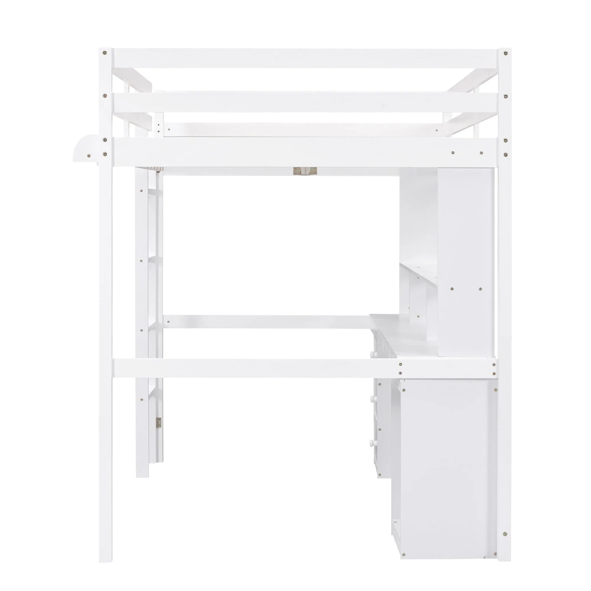 Full Size Loft Bed with Multi-storage Desk, LED light and Bedside Tray, Charging Station, White