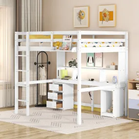 Full Size Loft Bed with Multi-storage Desk, LED light and Bedside Tray, Charging Station, White