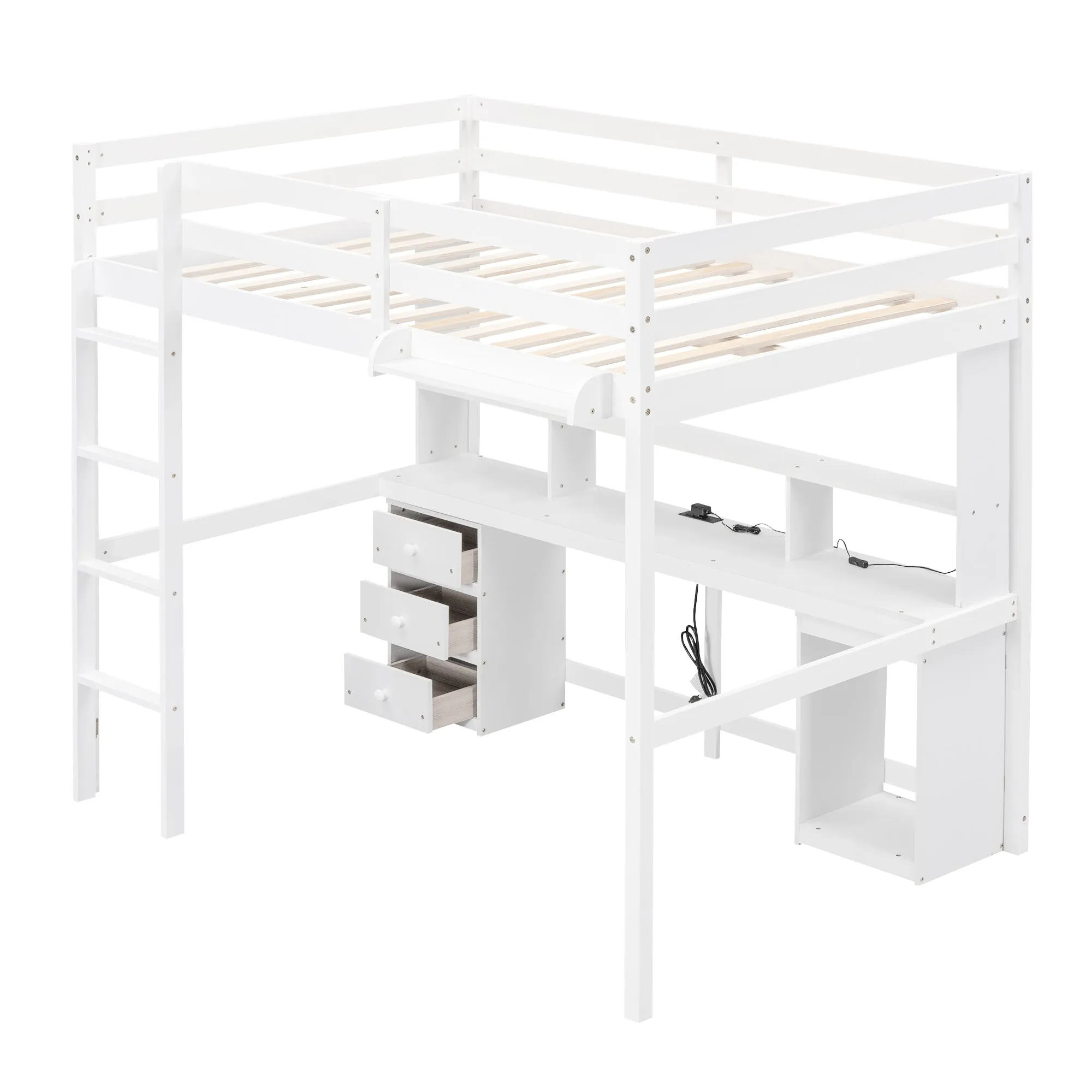 Full Size Loft Bed with Multi-storage Desk, LED light and Bedside Tray, Charging Station, White