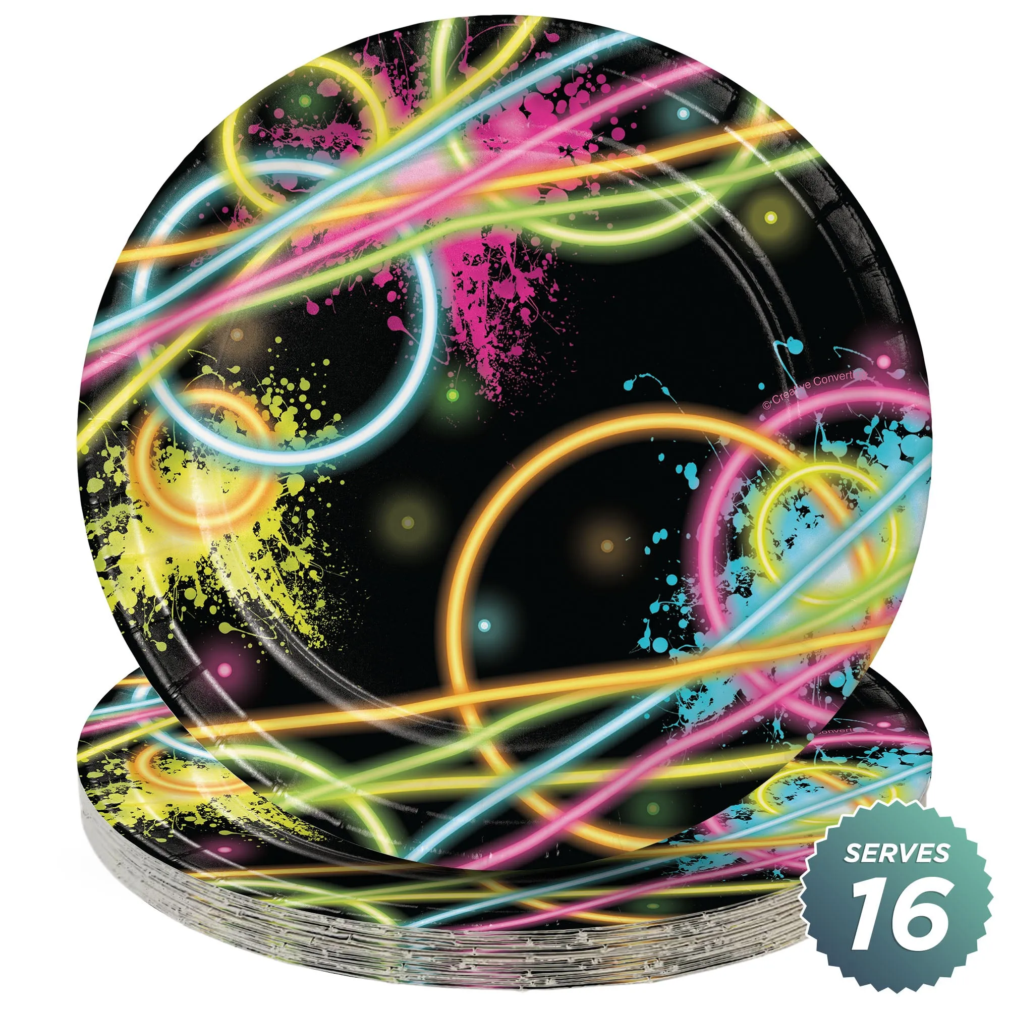 Glow Party Supplies - Neon Glow Stick Theme Round Paper Dessert Plates for 16 Guests