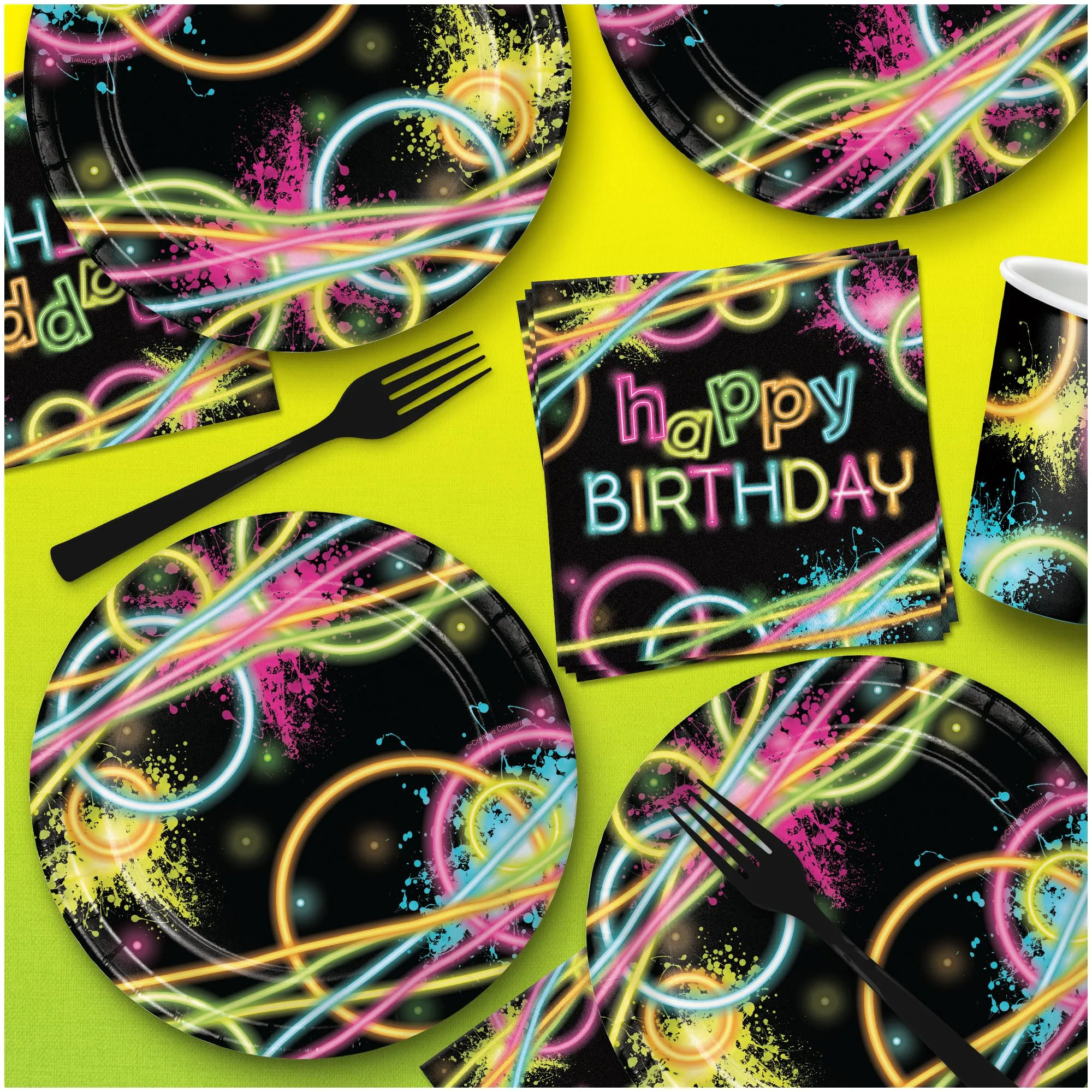 Glow Party Supplies - Neon Glow Stick Theme Round Paper Dessert Plates for 16 Guests