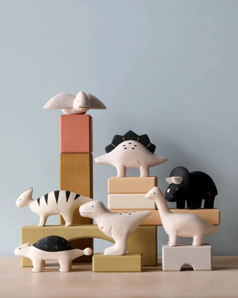 Handmade Tiny Wooden Dinosaurs - Triceratops