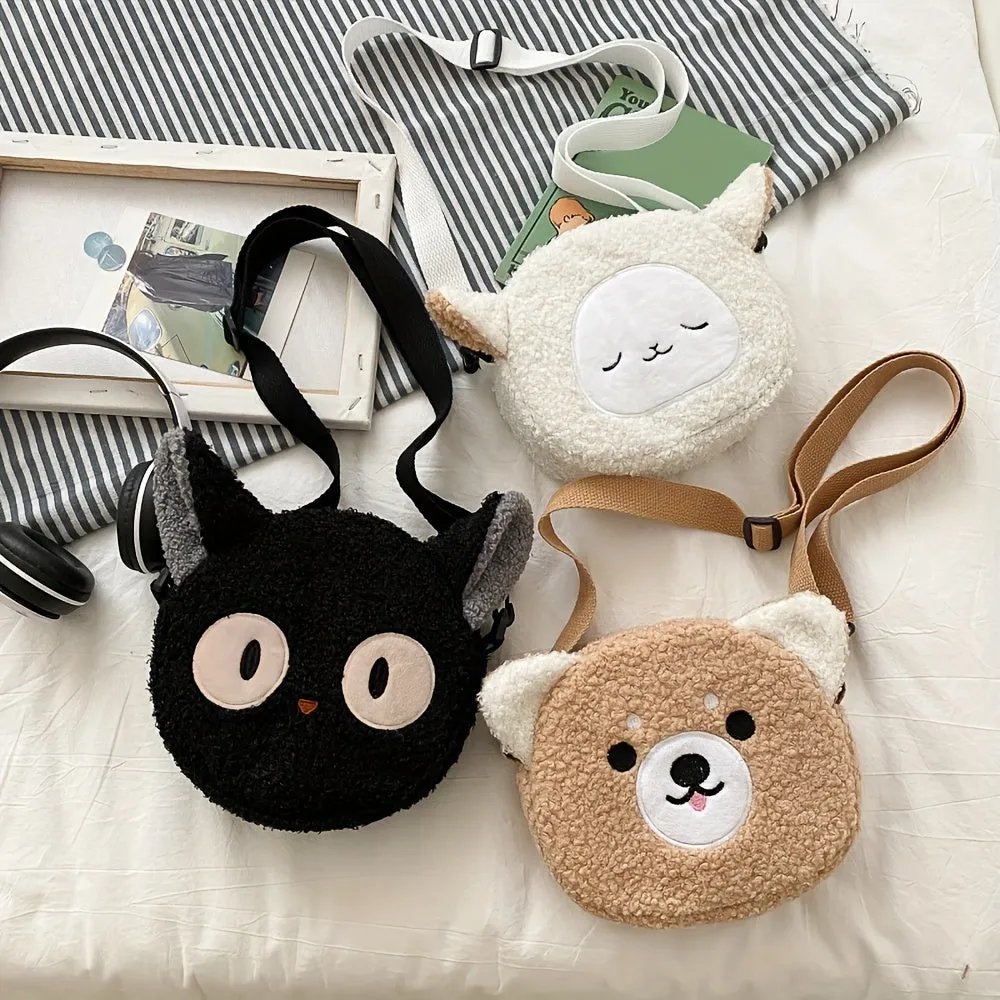 Kawaii Crossbody Bag, Animal Shaped Plush Bag, Cute Cat Design Crossbody Bag For Autumn And Winter