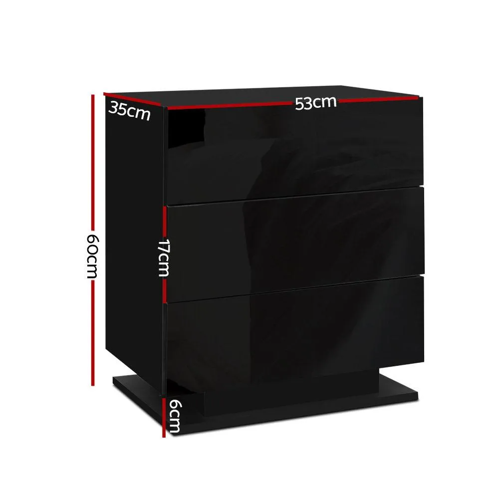 LED Light Bedside Table with 3 Drawers Gloss Black