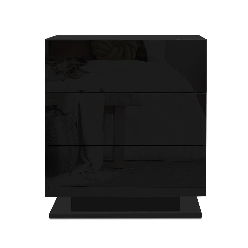 LED Light Bedside Table with 3 Drawers Gloss Black