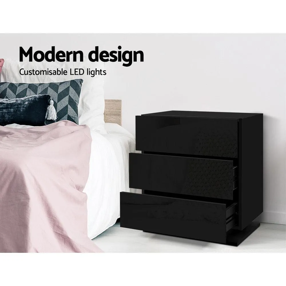 LED Light Bedside Table with 3 Drawers Gloss Black