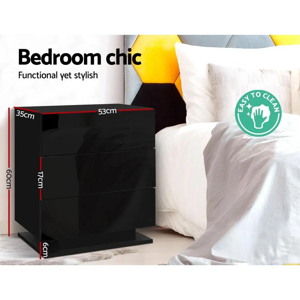 LED Light Bedside Table with 3 Drawers Gloss Black