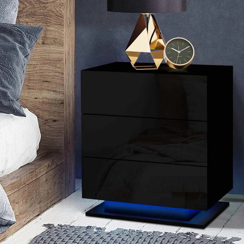 LED Light Bedside Table with 3 Drawers Gloss Black
