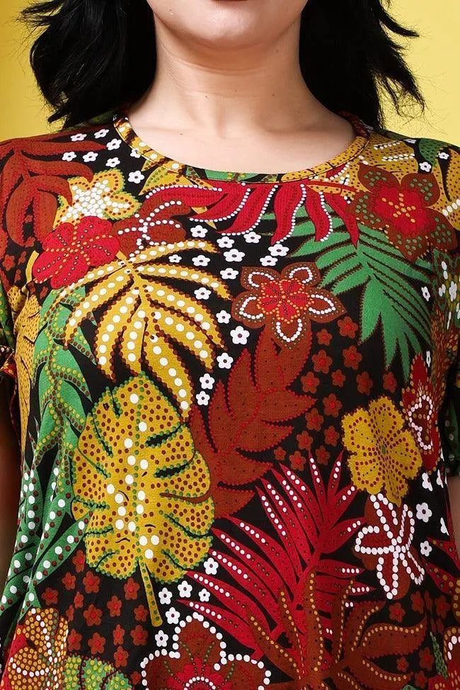 Multicolored Floral Leaves Printed Long T-shirt Dress