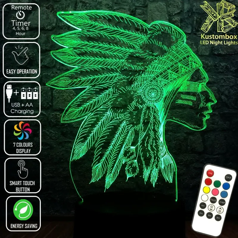 Native American Indian Cheif 3D LED Night Light Lamp