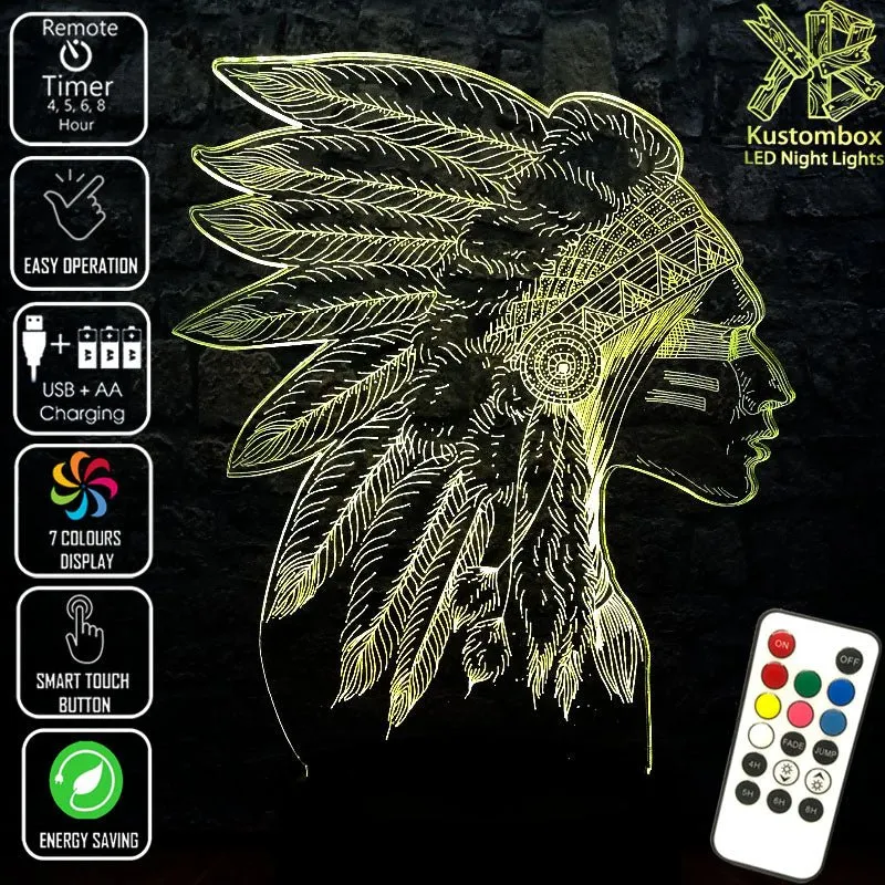 Native American Indian Cheif 3D LED Night Light Lamp